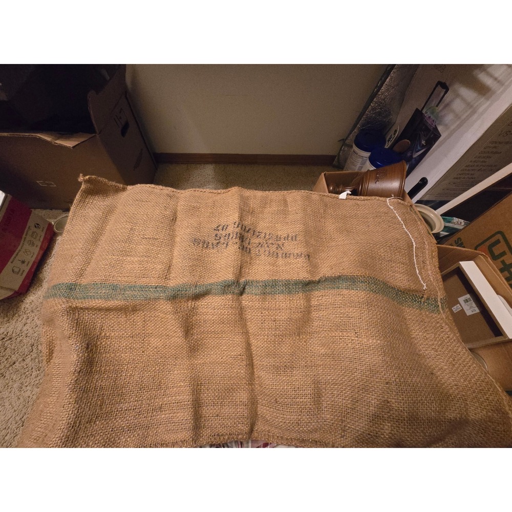 Vintage Burlap Potato Sack Jute Bag Green Stripe Farmhouse Decor Industrial Prop